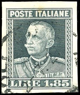 1927 - 1,85 lire Parmeggiani, non dentellato (215c), usato, perfetto. UNICO ESEMPLARE NOTO, sia nuovo che usato, di questa varietà. Cert. Oro Raybaudi, Ferrario.