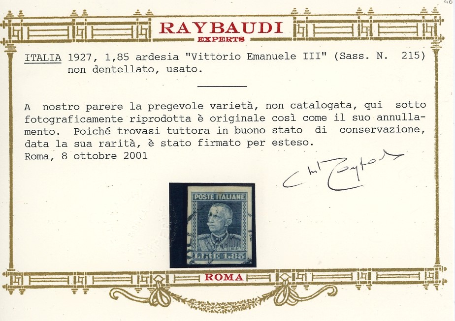 Francobollo 1927, 1,85 lire Parmeggiani, non dentellato (215c), usato, perfetto