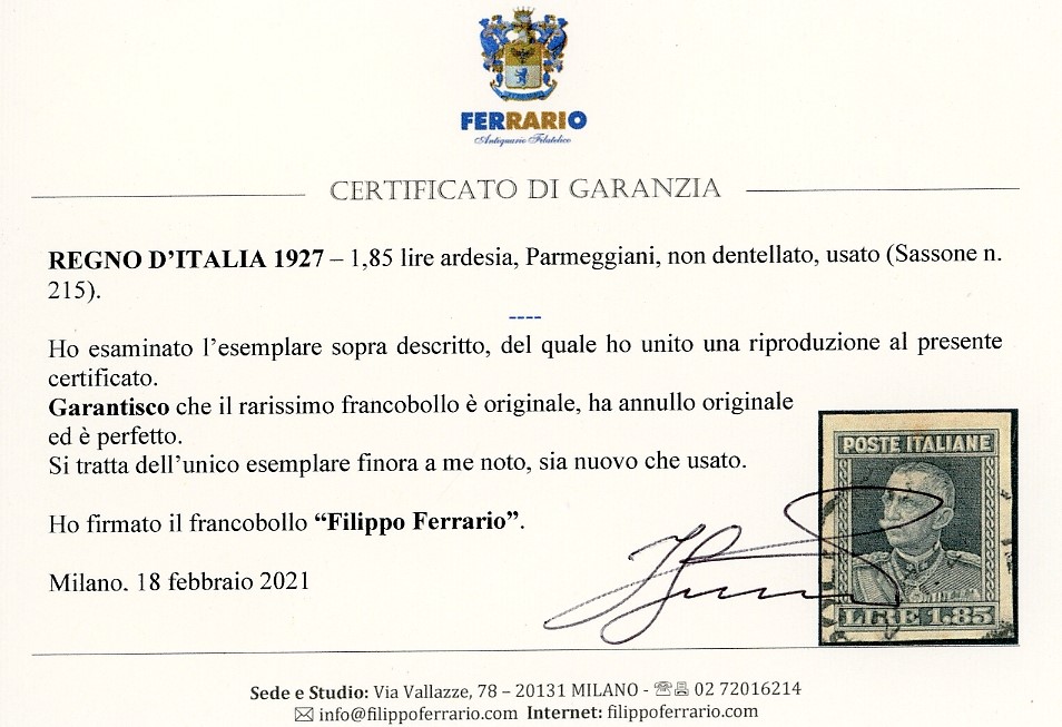 Francobollo 1927, 1,85 lire Parmeggiani, non dentellato (215c), usato, perfetto