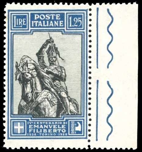 1928 - 1,25 lire Emanuele Filiberto, dent. 13 3/4 (235/I), ottima centratura, bordo di foglio, gomma originale integra, perfetto. Splendido. Ferrario, cert. Raybaudi.  - Auction Philately - Cambi Casa d'Aste