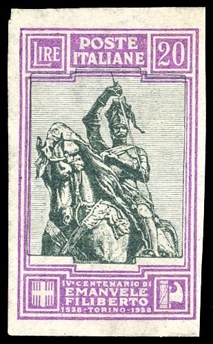 1928 - 20 lire Emanuele Filiberto (238), non dentellato e con centro spostato in alto, gomma originale, perfetto. Rara varietà, non catalogata. Cert. E.Diena.