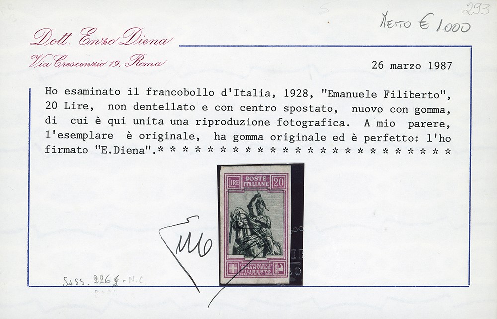 Emanuele Filiberto, 20 lire del 1928 - Rara varietà non dentellata con centro spostato in alto