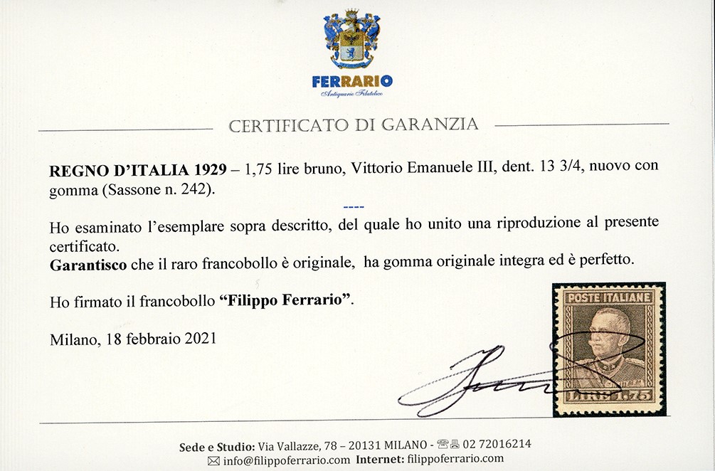 Vittorio Emanuele III, 1,75 lire bruno, dent. 13 3/4, 1929
