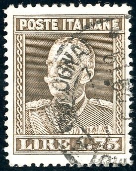 1929 - 1,75 lire bruno Vittorio Emanuele III, dent. 13 3/4 (242), buona centratura, usato a Bologna, perfetto. Ottima qualità. Cert. Ferrario.