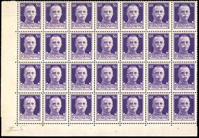 Francobollo Italiano, 50 cent. Imperiale, blocco di 28 esemplari, 1929