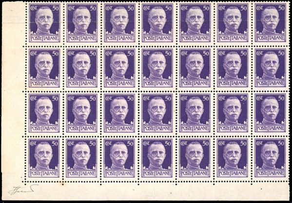 1929 - 50 cent. Imperiale, blocco di 28 esemplari, tutti stampati su carta ricongiunta (251e), angolo di foglio, nuovo, gomma originale integra, perfetto, segni di biffatura al verso. Molto raro. Cert. Ferrario.