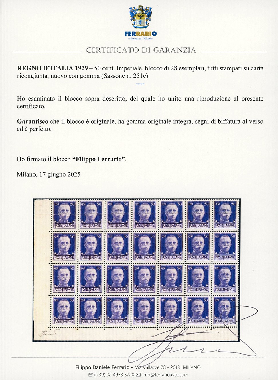 Francobollo Italiano, 50 cent. Imperiale, blocco di 28 esemplari, 1929