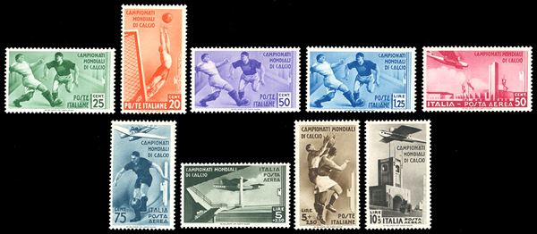 1934 - Mondiali di Calcio, serie completa (357/361+A), nuovi, gomma originale integra, perfetti. Ferrario.