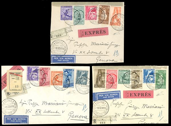 1937 - Colonie Estive, serie completa (406/15+ A100/A105), su tre aerogrammi raccomandati da Roma 2/9/1937 a Genova, bolli d'arrivo al verso. Insieme raro. Ferrario, cert. E.Diena 1986.