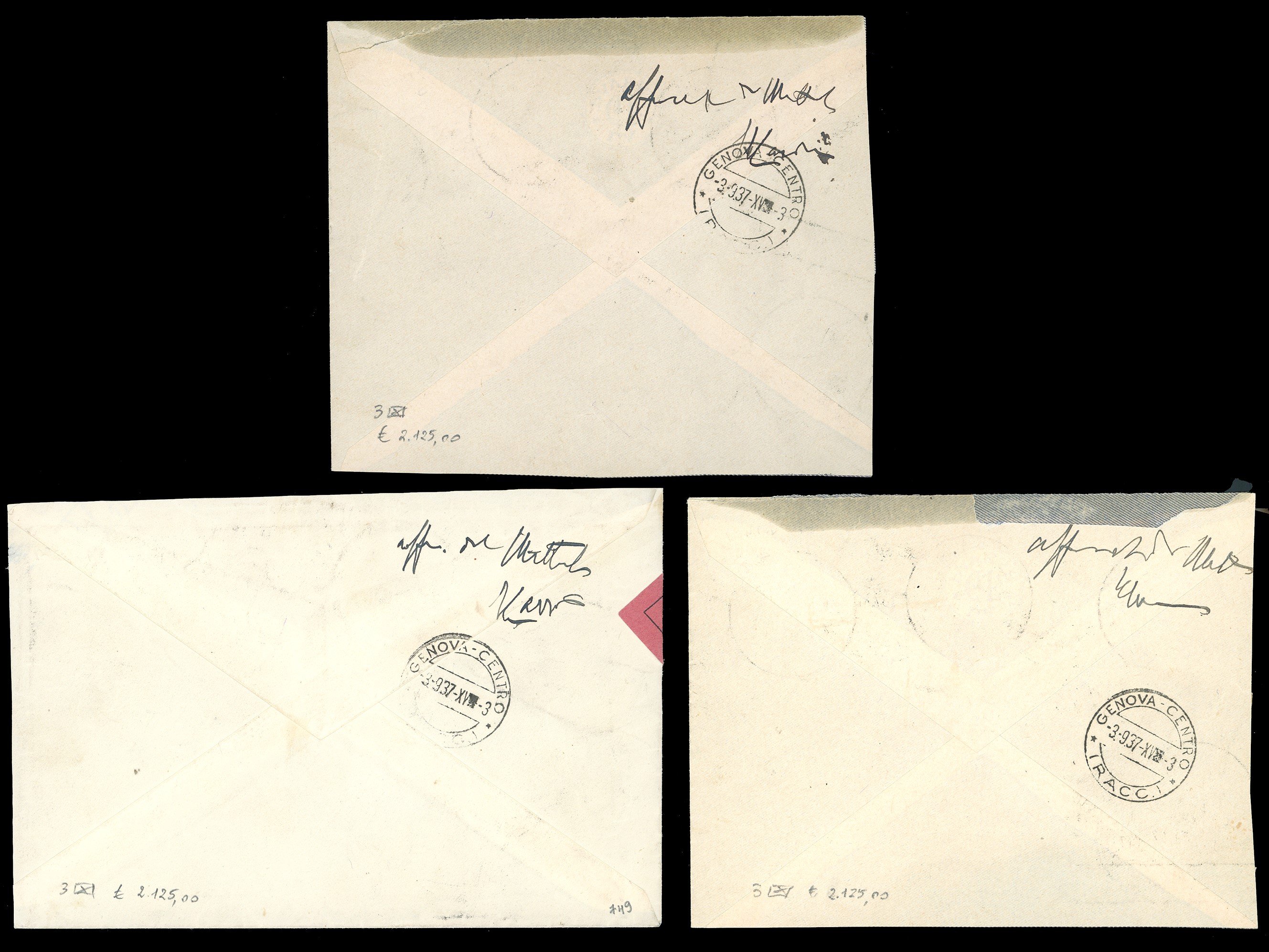 Colonie Estive 1937, serie completa (406/15+ A100/A105), su tre aerogrammi raccomandati