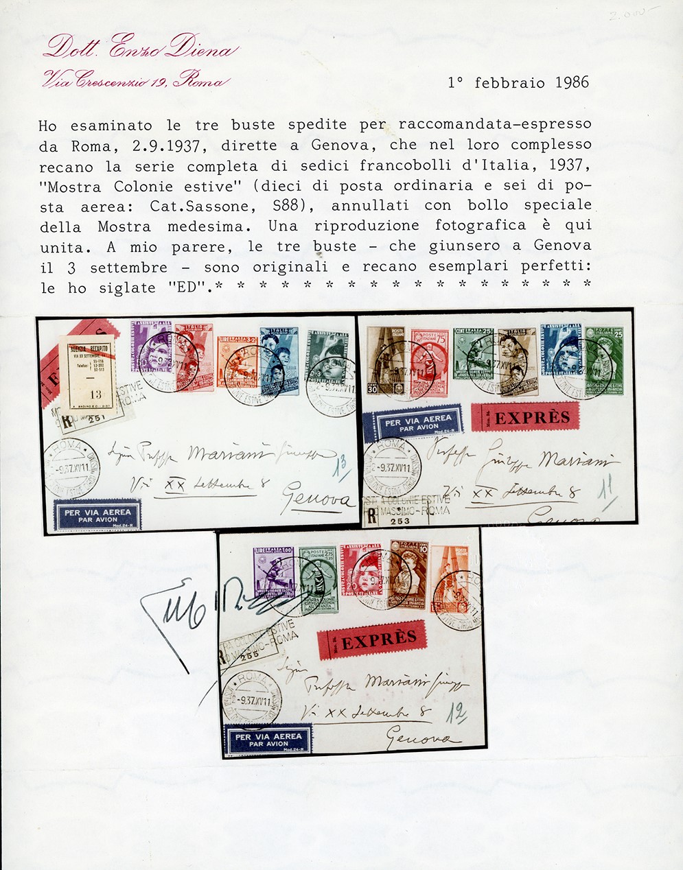 Colonie Estive 1937, serie completa (406/15+ A100/A105), su tre aerogrammi raccomandati