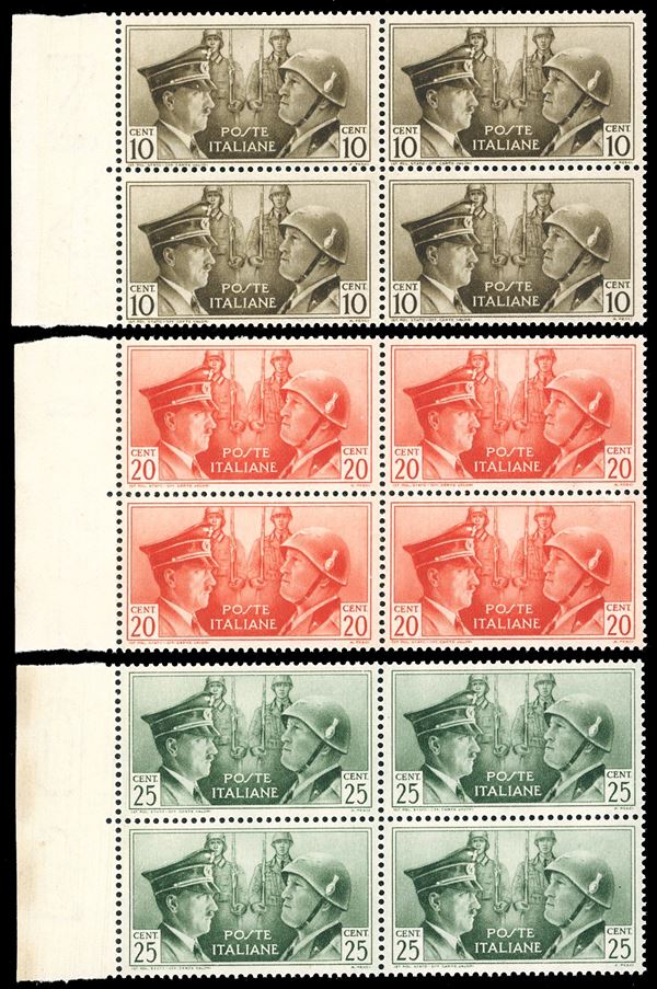 1941 - Fratellanza d'armi, non emessi, serie completa in blocchi di quattro (457A/457C), bordo di foglio, nuovi, gomma originale integra, perfetti. Ferrario.