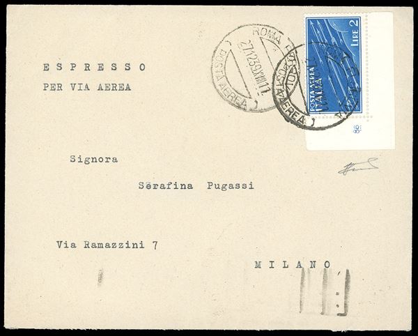 1939 - 2 lire Imperiale (15), angolo di foglio con numero di cilindro, perfetto, su aerogramma da Roma 27/12/1939 a Milano, bollo di arrivo al verso. Molto raro, probabilmente unico. Ferrario.