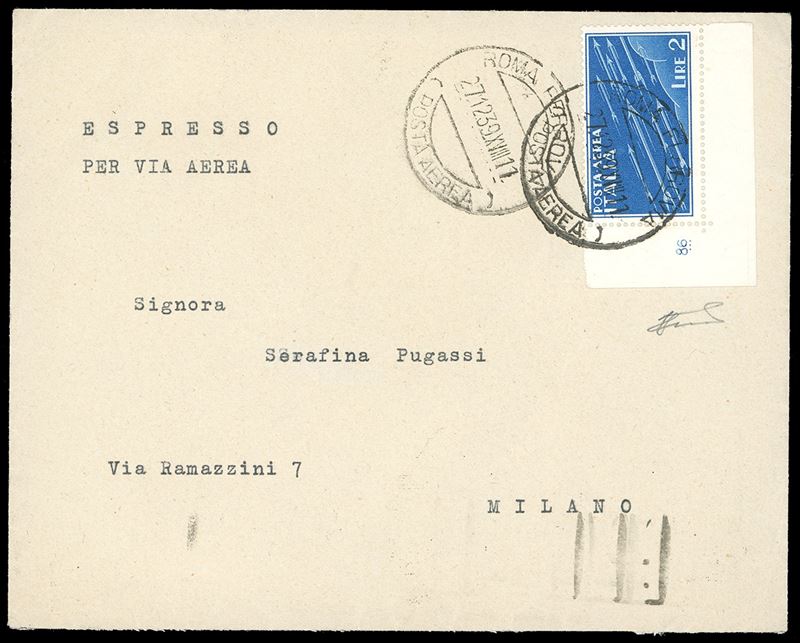 1939 - 2 lire Imperiale (15), angolo di foglio con numero di cilindro, perfetto, su aerogramma da Roma 27/12/1939 a Milano, bollo di arrivo al verso. Molto raro, probabilmente unico. Ferrario.  - Asta Filatelia - Cambi Casa d'Aste