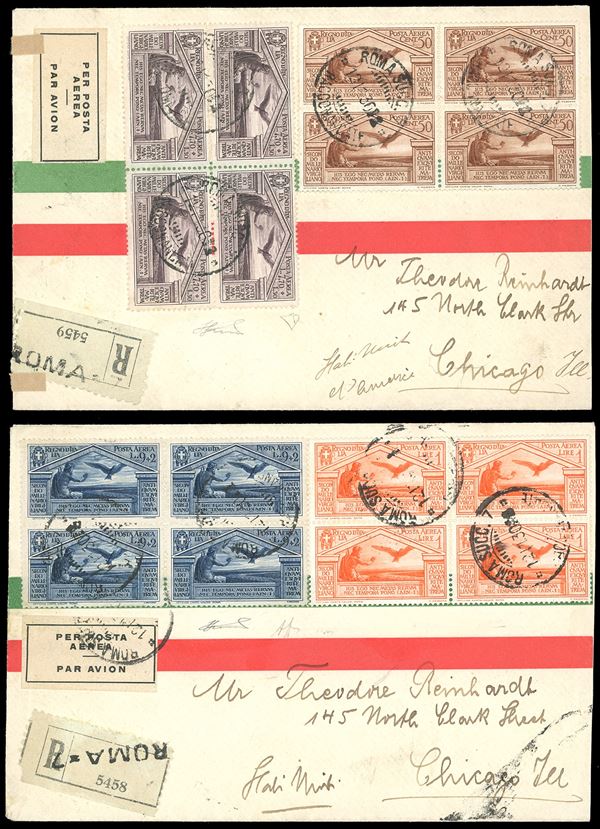 1930 - Virgilio, serie completa di posta aerea in blocchi di quattro (A21/A24), perfetti, su due aerogrammi da Roma da Chicago, negli Stati Uniti, bolli di arrivo al verso. Insieme rarissimo, probabilmente unico. Una firmata A.Diena, l'altra E.Diena, cert. Ferrario.