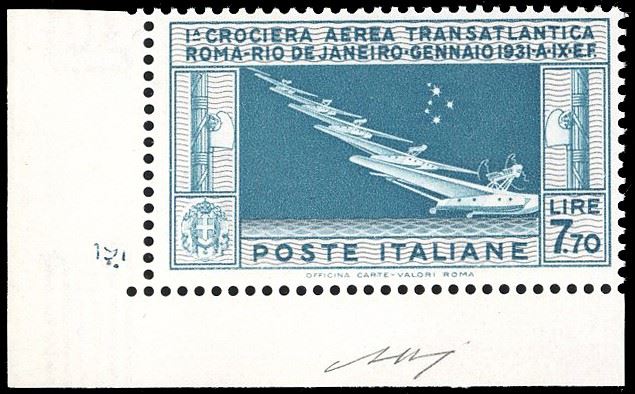 1930 - 7,70 lire Balbo (25), nuovo, gomma originale integra, perfetto. Splendido e raro angolo di foglio con numero di cilindro. G.Bolaffi, cert. Finanziario Bolaffi 90%.  - Asta Filatelia - Cambi Casa d'Aste