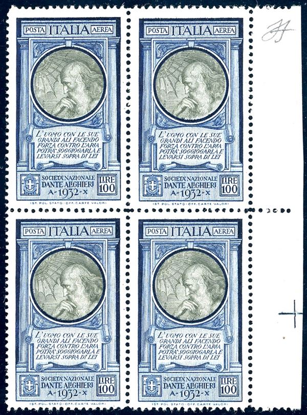 1932 - 100 lire Dante (41), ottima centratura, blocco di quattro, bordo di foglio, gomma originale integra, perfetto e molto fresco. Ferrario.
