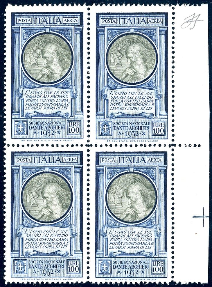 1932 - 100 lire Dante (41), ottima centratura, blocco di quattro, bordo di foglio, gomma originale integra, perfetto e molto fresco. Ferrario.  - Asta Filatelia - Cambi Casa d'Aste
