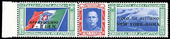 1933 - 5,25 + 44,75 lire Trittico I-BIAN, soprastampato "VOLO DI RITORNO", non emesso (53), bordo di foglio a sinistra, nuovo, gomma originale integra, perfetto e molto fresco. E' uno dei 25 esemplari soprastampati con questa sigla. Rarità. Giulio Bolaffi, cert. Ferrario ed Enzo Diena 1977.
