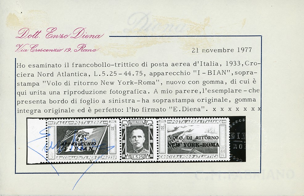 1933, Trittico I-BIAN, soprastampato "VOLO DI RITORNO", non emesso