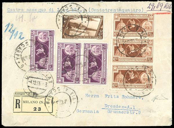1933 - Anno Santo, tre serie complete, e 50 cent. Marcia su Roma posta aerea (54/55,42), perfetti, su busta raccomandata in contrassegno da Milano 4/12/1923 per la Germania.