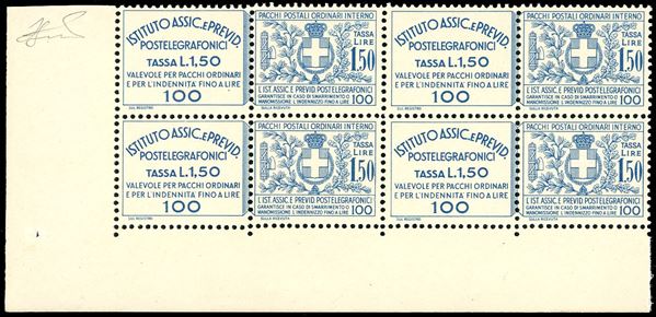 1936 - 1,50 lire Istituto Assicurazioni (17), blocco di quattro, angolo di foglio, nuovo, gomma originale integra, perfetto e di ottima qualità. Ferrario.
