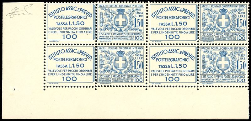 1936 - 1,50 lire Istituto Assicurazioni (17), blocco di quattro, angolo di foglio, nuovo, gomma originale integra, perfetto e di ottima qualità. Ferrario.  - Auction Philately - Cambi Casa d'Aste