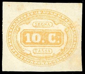 1863 - 10 cent. ocra (1), nuovo, gomma originale integra, perfetto, due piccolissimi puntini di ruggine al verso. Cert. E.Diena.
