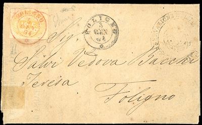 1864, 10 cent. ocra (1a), usato come segnatasse su lettera da Foligno