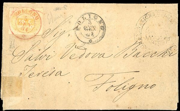1864 - 10 cent. ocra (1a), perfetto, usato come segnatasse, su lettera da Foligno 3/1/1864 per città, annullato con il bollo rosso di Foligno 5/1/1864 (punti 13). Bella e rara. Emilio e Alberto Diena, cert. Ferrario.