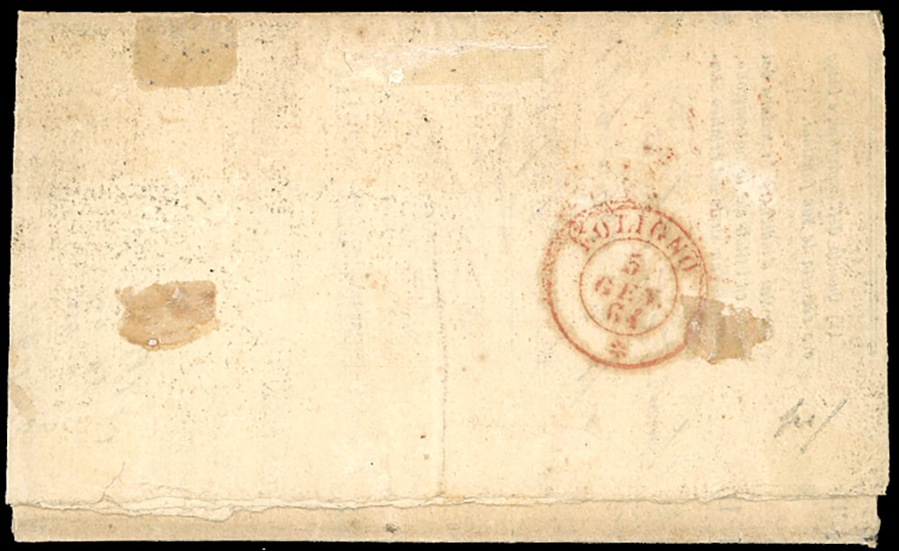 1864, 10 cent. ocra (1a), usato come segnatasse su lettera da Foligno