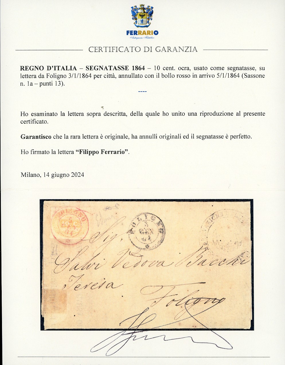 1864, 10 cent. ocra (1a), usato come segnatasse su lettera da Foligno