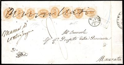 1865, 10 centesimi arancio (1b), otto esemplari su lettera non affrancata da S. Angelo in Pontano...