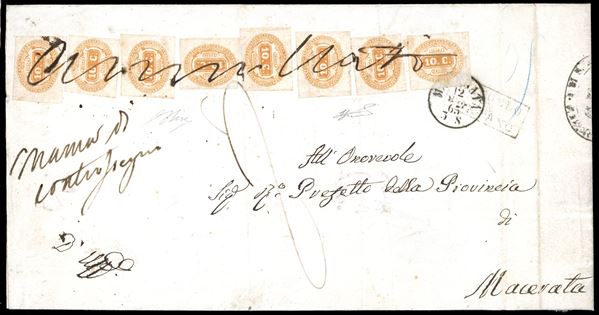1865 - 10 cent. arancio (1b), otto esemplari, perfetti, su lettera non affrancata da S.Angelo in Pontano a Macerata 12/7/1865, tassata 8. Sul fronte venne manoscritto "manca di contrassegno", ad indicare che la missiva non godeva di franchigia e i segnatasse vennero obliterati con la dicitura manoscritta "annullato". Eccezionale e rarissima affrancatura multipla di questo segnatasse, probabilmente unica con questo annullo. Da esposizione. Cert. G.Oliva e Ferrario.