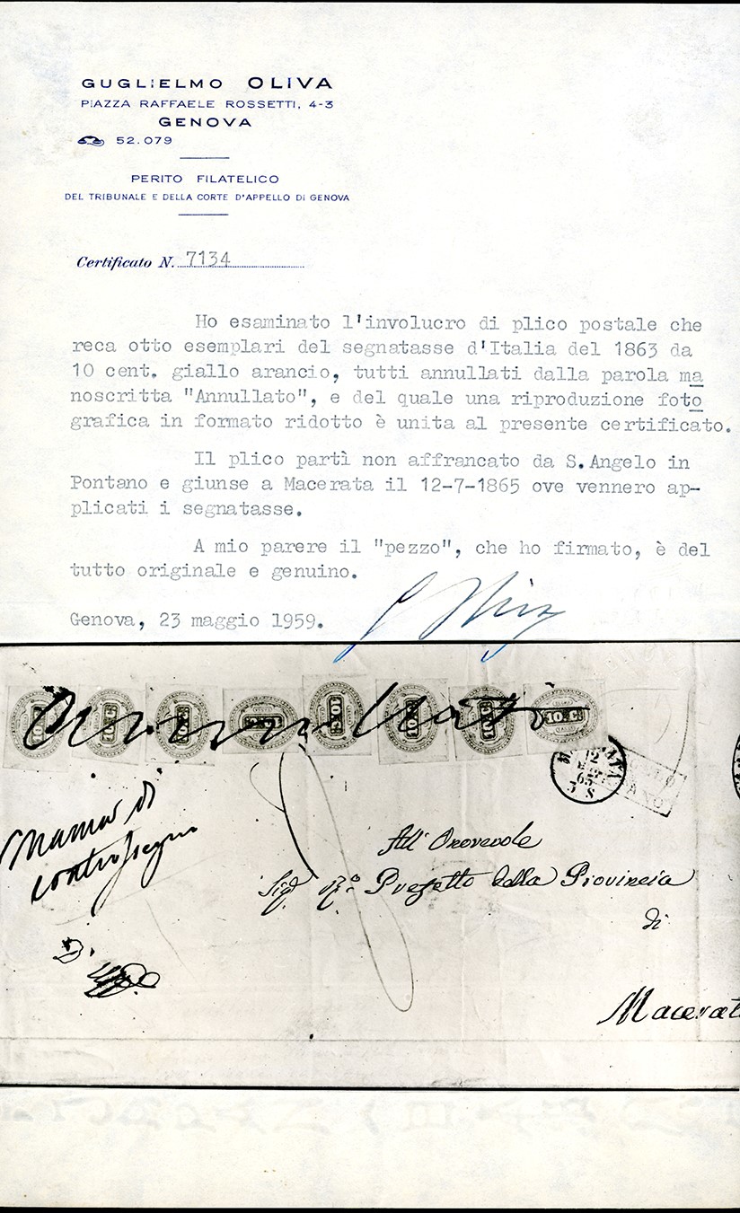 1865, 10 centesimi arancio (1b), otto esemplari su lettera non affrancata da S. Angelo in Pontano...