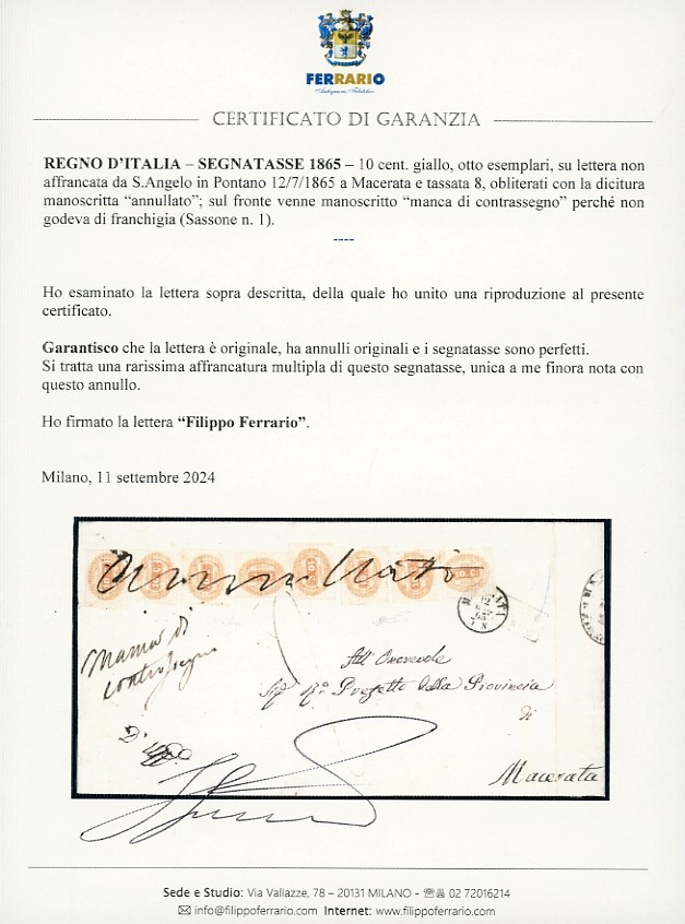 1865, 10 centesimi arancio (1b), otto esemplari su lettera non affrancata da S. Angelo in Pontano...