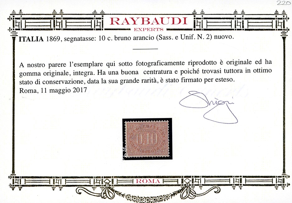 1869, 10 centesimi bruno arancio, francobollo nuovo con gomma originale integra