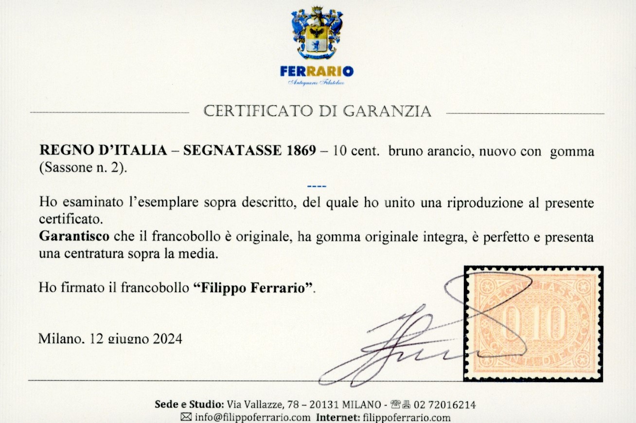 1869, 10 centesimi bruno arancio, francobollo nuovo con gomma originale integra