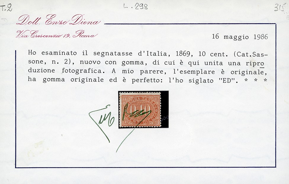 1869, Francobollo da 10 centesimi bruno arancio, gomma originale