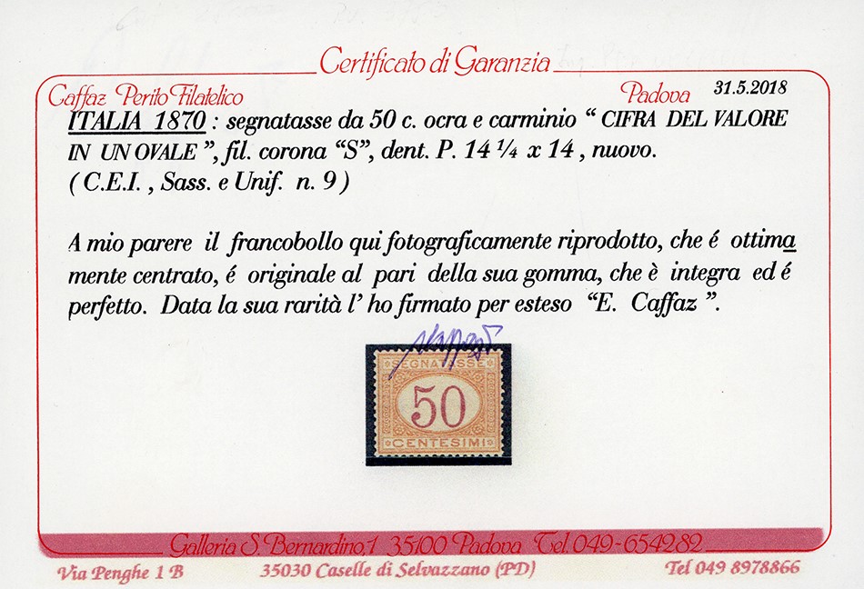 1870, 50 centesimi ocra e carminio, gomma originale integra, ottima centratura