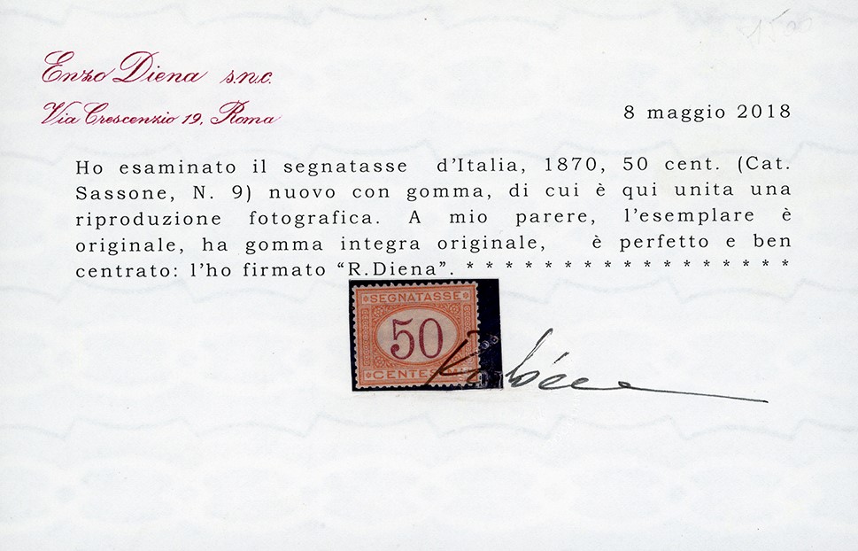1870, 50 centesimi ocra e carminio, gomma originale integra, ottima centratura