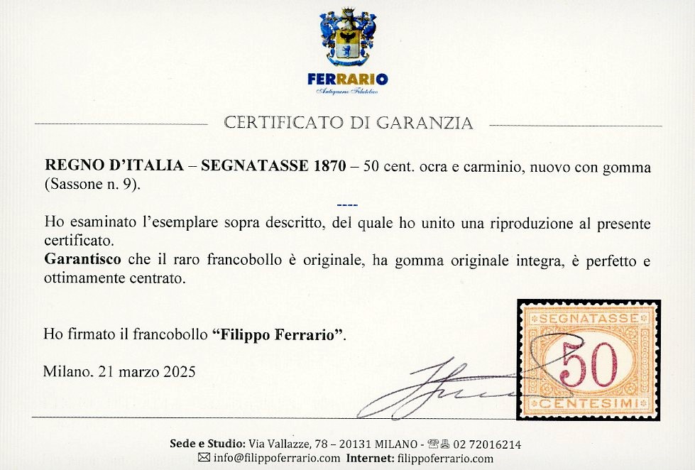 1870, 50 centesimi ocra e carminio, gomma originale integra, ottima centratura
