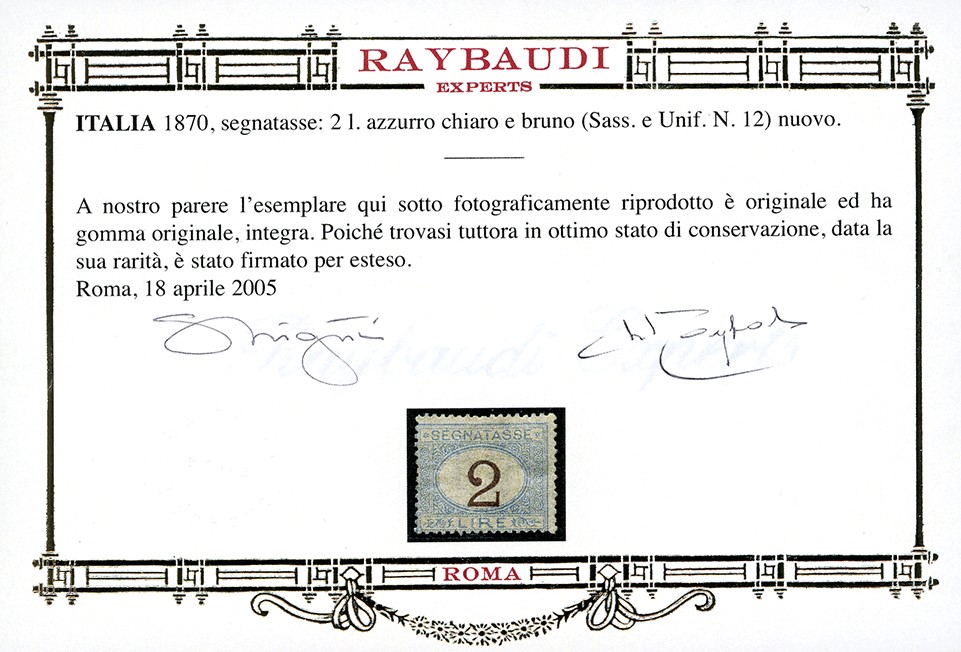 Moneta italiana, 2 Lire Azzurro Chiaro e Bruno del 1870, gomma originale integra