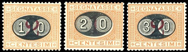 1890/1891 - Mascherine, soprastampati, serie completa (17/19), nuovi, gomma originale, leggera traccia di linguella, perfetti. Il 30 cent. ben centrato. G.Oliva, cert. Raybaudi.