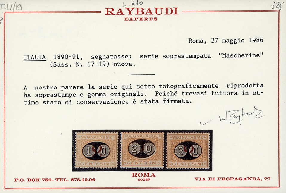 Serie completa di mascherine soprastampate 1890/1891, gomma originale, 17/19
