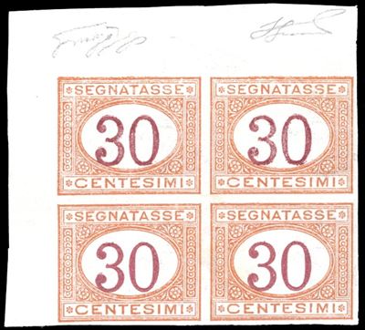 1890, 30 centesimi arancio e carminio, blocco di quattro, gomma originale