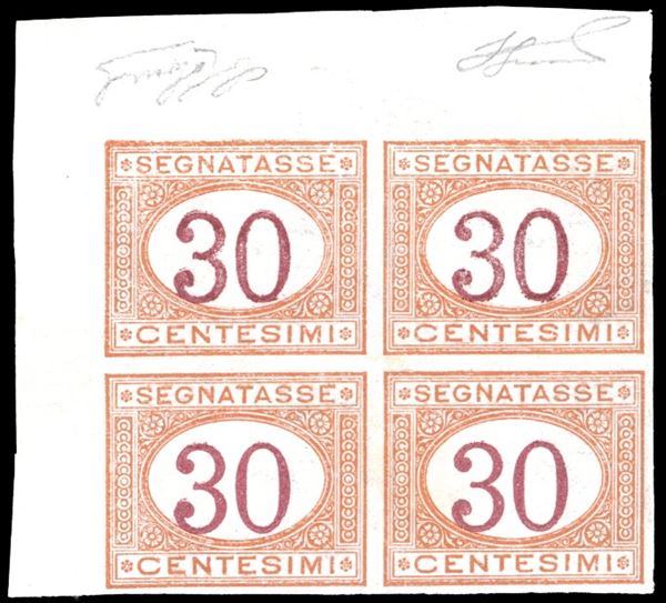 1890 - 30 cent. arancio e carminio, non dentellato (23g), blocco di quattro, angolo di foglio, gomma originale, integra per due esemplari, perfetto. Estremamente raro e di ottima qualità. Cert. Ferrario.