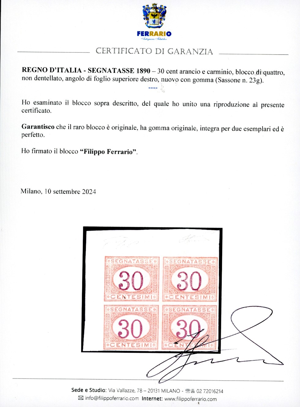 1890, 30 centesimi arancio e carminio, blocco di quattro, gomma originale