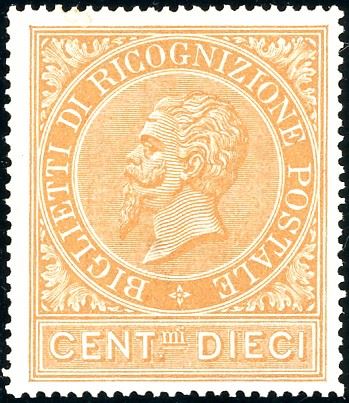 1874 - 10 cent. ocra arancio (1), nuovo, gomma originale integra, perfetto. Ferrario.