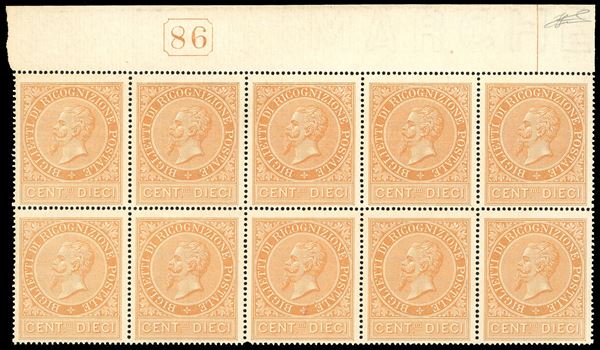 1874 - 10 cent. ocra arancio (1), eccezionale blocco di 10 esemplari, bordo di foglio superiore con numero di tavola in rettangolo 46, nuovo, gomma originale integra, perfetto. L'ultima coppia ha la dentellatura leggermente aperta verticalmente. Insieme splendido e raro. Cert. Ferrario.